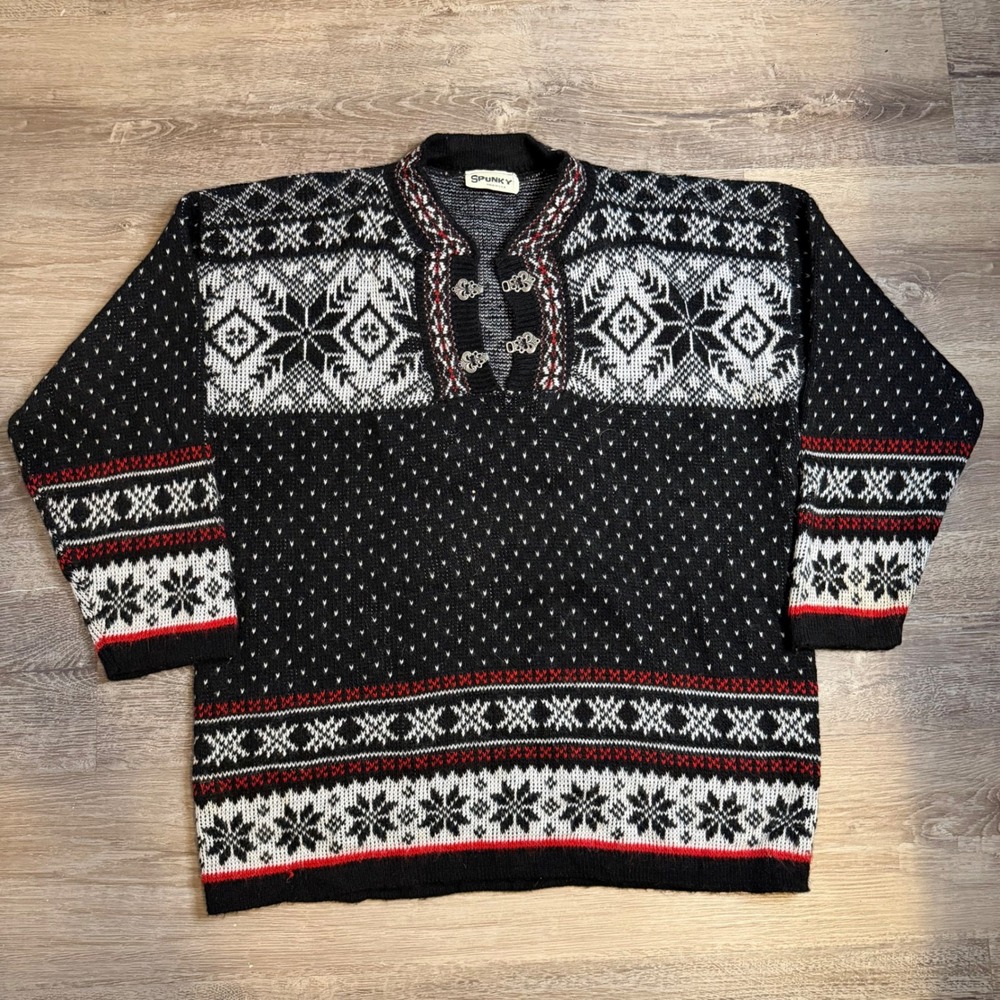 Vintage Spunky Nordic Sweater Black White Red Metal Clasp Made in USA Large